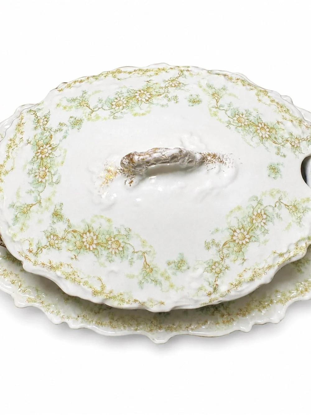 Elite Limoges France Covered Tureen Underplate Antique Green Floral
